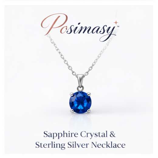 Posimasy™ Sapphire Crystal & Sterling Silver Necklace, Sapphire necklace, sterling silver necklace, crystal necklace, luxury jewelry, gemstone necklace