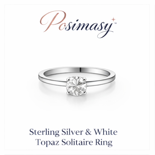 Posimasy™ Sterling Silver & White Topaz Solitaire Ring, Sterling silver ring, topaz ring, solitaire ring, luxury jewelry, fine jewelry